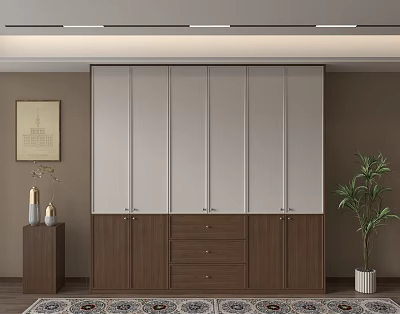 Modern Wardrobe With Light Gray Panels Walnut Wood Base Drawers And Potted Plant 3d model