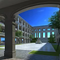 Multi Story School Building With Arched Porch Courtyard Fountain Trees And Sunlight Blue Sky