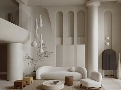 Duplex Living Room Modern Minimalist Interior With Arched Walls Columns Pendant Lights Curved Sofa 3d model