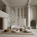 Duplex Living Room Modern Minimalist Interior With Arched Walls Columns Pendant Lights Curved Sofa