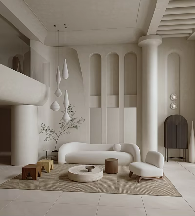 Duplex Living Room Modern Minimalist Interior With Arched Walls Columns Pendant Lights Curved Sofa 3d model