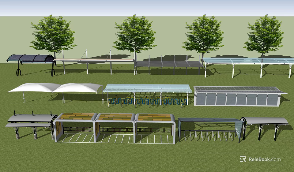 Outdoor Public Shelters With Solar Panels Trees And Modern Transparent Roof Designs On Green Grassland 3d model 