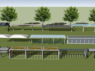 Outdoor Public Shelters With Solar Panels Trees And Modern Transparent Roof Designs On Green Grassland 3d model