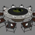 Modern Round Dining Table Set With Green Centerpiece And Surrounding Chairs 3d model
