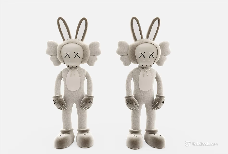 Two White Rabbit Stuffed Dolls With Long Ears And Crossed Eyes Standing 3d model 