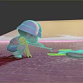 Man in Pink Hard Hat Squatting and Pointing at Pink Paint with Flower Petals on Ground