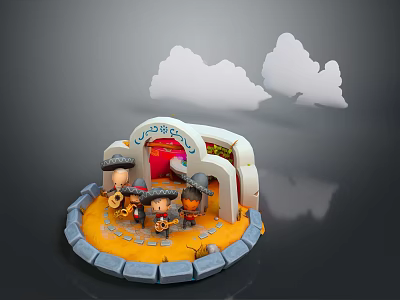 Cartoon Cowboy Scene With Characters Clouds Orange Ground And Gray Bricks 3d model