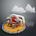 Cartoon Cowboy Scene With Characters Clouds Orange Ground And Gray Bricks