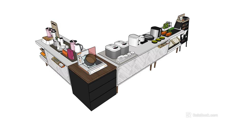 Modern Display Shelf With Kitchen Appliances Vegetables Drawers And Countertop 3d model 