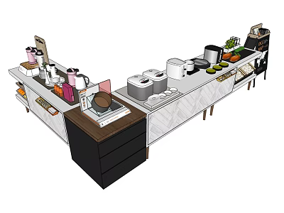 Modern Display Shelf With Kitchen Appliances Vegetables Drawers And Countertop 3d model