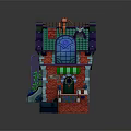 Fantasy Style Building Featuring Red Brick Walls Green Awning Blue Windows And Decorative Roof