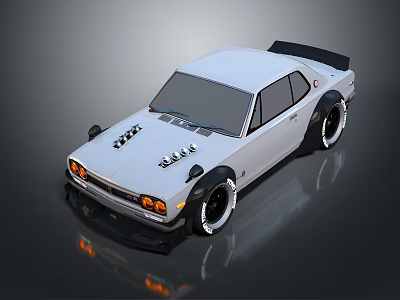 White Modified Car with Black Rear Spoiler Wide Fenders Orange Headlights and Hood Air Intakes 3d model