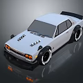 White Modified Car with Black Rear Spoiler Wide Fenders Orange Headlights and Hood Air Intakes