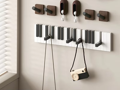 Decorative Wall Mounted Piano Key Design Coat Hanger with Wooden Hooks and Hanging Camera 3d model