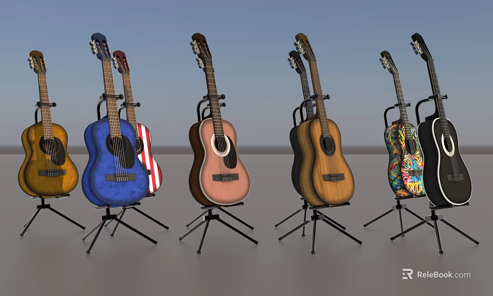 Multiple Acoustic Guitars In Diverse Colors On Stands With Unique Designs 3d model 
