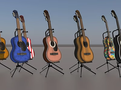 Multiple Acoustic Guitars In Diverse Colors On Stands With Unique Designs 3d model