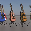 Multiple Acoustic Guitars In Diverse Colors On Stands With Unique Designs