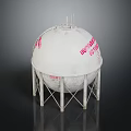Spherical Industrial Storage Tank With Metal Support Structure And Red Labeling