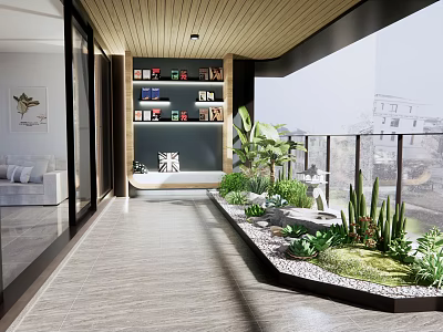 Home Balcony Design With Wooden Ceiling Bookshelf Green Plants Small Water Feature And Glass Railing 3d model