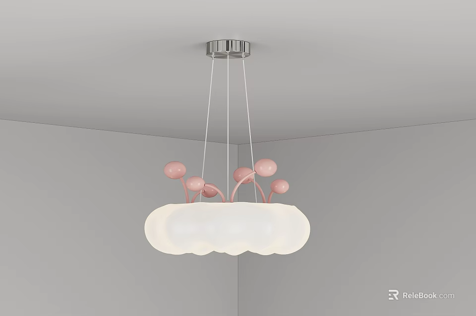 Modern White Cloud Shaped Chandelier With Pink Spherical Decorations Hanging From Ceiling 3d model