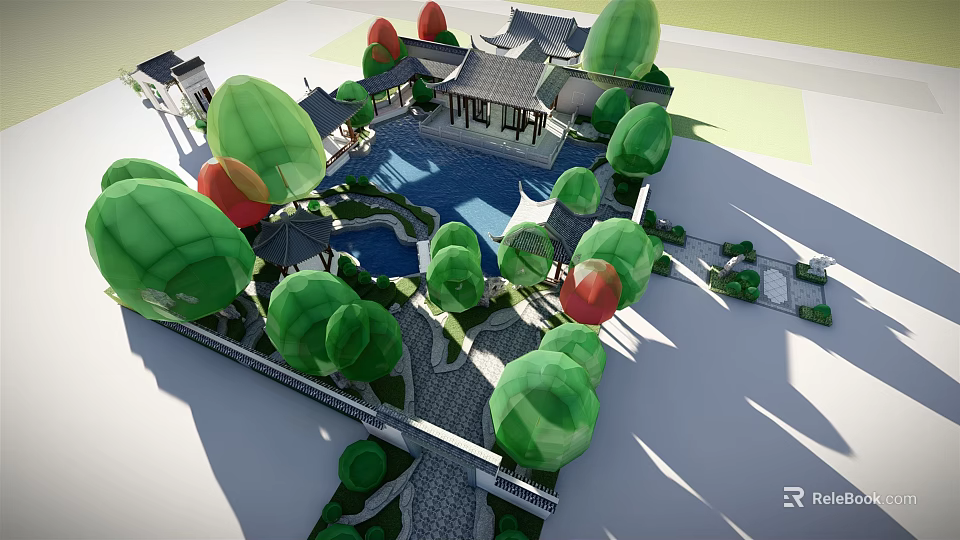 Traditional Chinese Residential Landscape With Pavilion Pool Green Trees And Stone Pathways 3d model 