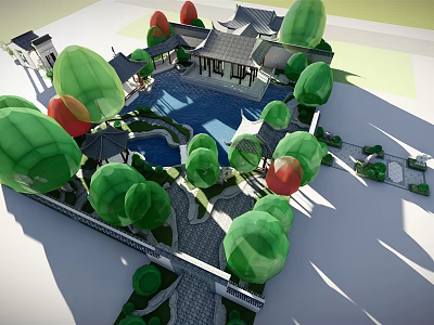 Traditional Chinese Residential Landscape With Pavilion Pool Green Trees And Stone Pathways 3d model