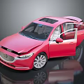 Red Sedan Car With Open Doors Modern Design And Silver Wheels