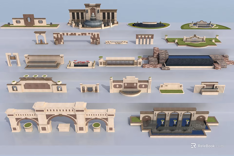 Diverse Background Wall Designs With Arch Structures Columns And Decorative Details 3d model