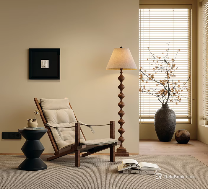 Cozy Lounge Chair Near Spiral Floor Lamp Black Side Table Open Book And Window Blinds 3d model 