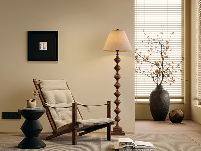 Cozy Lounge Chair Near Spiral Floor Lamp Black Side Table Open Book And Window Blinds 3d model