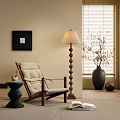 Cozy Lounge Chair Near Spiral Floor Lamp Black Side Table Open Book And Window Blinds