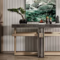 Elegant Modern Console Table Interior With Chinese Landscape Painting Bonsai And Decorative Items 3d model