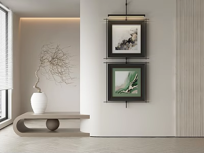 Abstract Paintings Hanging in Minimalist Interior With White Wall and Decorative Vase 3d model
