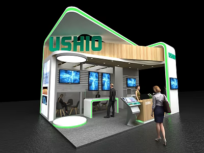 USHIO Exhibition Booth Modern Design With Digital Screens Wooden Panels And Visitor Engagement 3d model