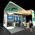 USHIO Exhibition Booth Modern Design With Digital Screens Wooden Panels And Visitor Engagement
