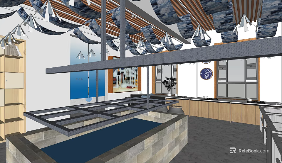 Contemporary Interior Space With Wooden Ceiling Hanging Lights And Glass Display Counter 3d model 
