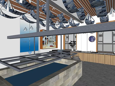 Contemporary Interior Space With Wooden Ceiling Hanging Lights And Glass Display Counter 3d model