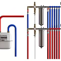 Gas Meter With Red And Blue Pipes And Cylindrical Filters System Setup