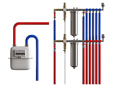 Gas Meter With Red And Blue Pipes And Cylindrical Filters System Setup 3d model