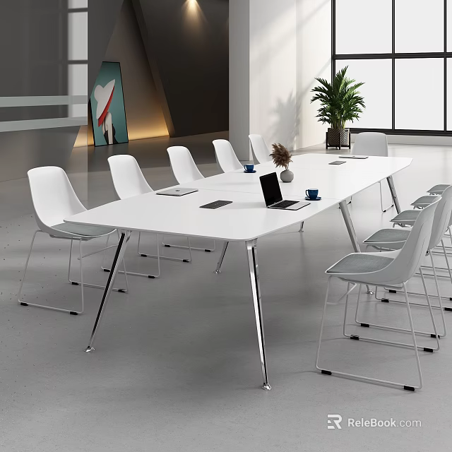 White Modern Conference Table With White Chairs Laptop Cups And Potted Plant In Meeting Room 3d model 