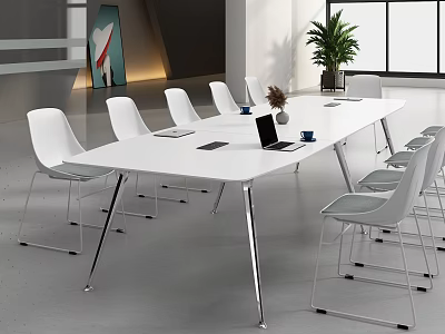 White Modern Conference Table With White Chairs Laptop Cups And Potted Plant In Meeting Room 3d model