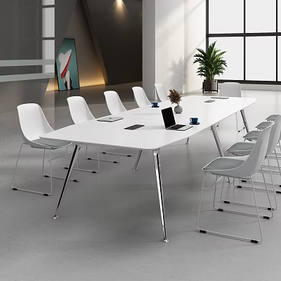 White Modern Conference Table With White Chairs Laptop Cups And Potted Plant In Meeting Room 3d model