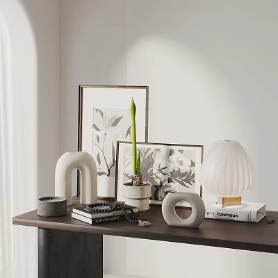 Decorative Ornament Set with Framed Art Potted Plant White Lamp and Sculptural Objects on Tabletop 3d model
