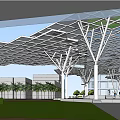 Modern Commercial Complex With Glass Roof And White Columns Pedestrians Walking In Open Public Space