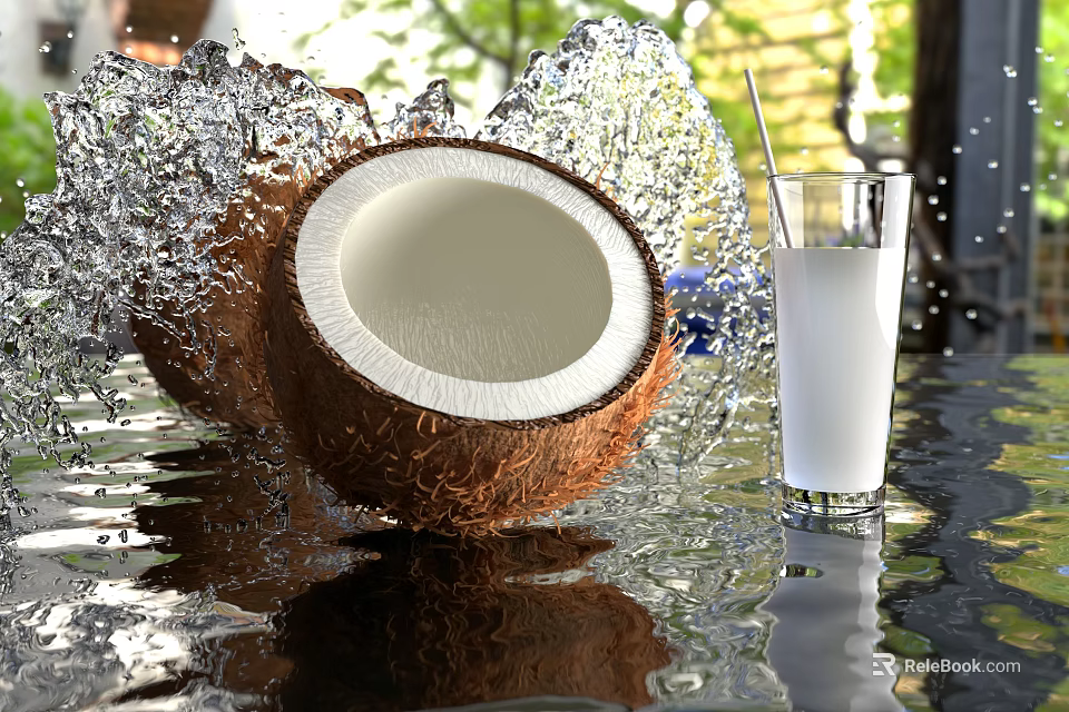 Refreshing Coconut Drink With Fresh Cut Coconut Splashing Water And Glass 3d model 