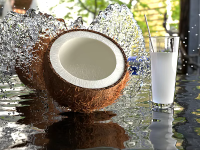 Refreshing Coconut Drink With Fresh Cut Coconut Splashing Water And Glass 3d model