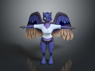 Purple Feline Like Creature With Wings In White T Shirt Standing Pose 3d model