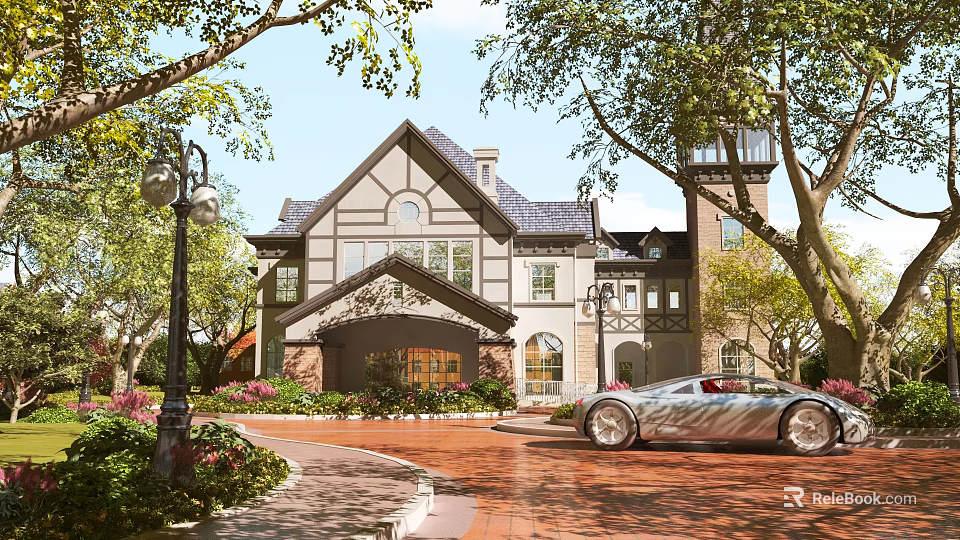 Luxury Single Family Villa with Lush Trees Brick Driveway Silver Sports Car and Exterior Design 3d model 