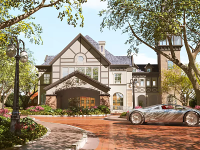 Luxury Single Family Villa with Lush Trees Brick Driveway Silver Sports Car and Exterior Design 3d model