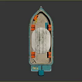 Blue Boat with White Canopy Orange Life Jackets Orange Life Ring and Outboard Motor